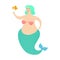 Mermaid and fish. Fat Mythical sea woman eating fried fish. Vector illustration