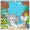 Mermaid girl lies on underwater world with corals, seaweed and anemones page for coloring