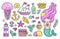 Mermaid, jellyfish, cute sea animals. Set of cartoon stickers for kids.