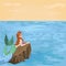 Mermaid lies on a stone in the sea. Vector illustration concept