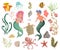 Mermaid, merman, marine plants and animals. Collection decorative design elements. Cartoon sea flora and fauna in watercolor style