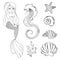 MERMAID MONOCHROME Cartoon Tropical Vector Illustration Set