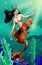 A mermaid with an orange tail and antennae with a surprised expression swimming in the sea