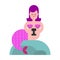 Mermaid with phone Sits on rock. Mythical sad woman with fish ta