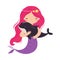 Mermaid with Pink Hair Floating Underwater with Dolphin Vector Illustration