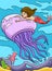Mermaid Riding in Giant Jellyfish Colored Cartoon