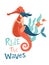 Mermaid riding sea horse. Ocean child lettering. Marine mythical creature