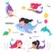 Mermaid and Sea Animals Floating Underwater Vector Set