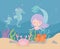 Mermaid seahorses crab coral sand cartoon under the sea