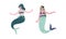 Mermaid or Seamaid with Lush Hair Floating Underwater Vector Set