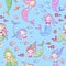 Mermaid seamless pattern. Cute little mermaids and underwater world design for wallpaper, fabric print, children book