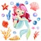 Mermaid, seashells, crown, bubbles, coral and pearl on an isolated white background. Watercolor drawing