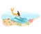 Mermaid swimming with a dolphin underwater near coral and clownfish. Mythical sea creature interaction with marine life