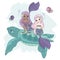 MERMAID TURTLE Cartoon Tropical Animal Vector Illustration Set