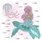 MERMAID ON TURTLE Underwater Princess Vector Illustration Set