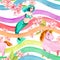 Mermaid, unicorn with flowers in rainbow waves. Seamless background with fairy sea. Hand painted repeated pattern in