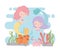 Mermaids and crab reef coral cartoon under the sea