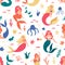 Mermaids marine pattern. Seamless cute mermaids, underwater fairy tale cartoon mermaid characters, undersea mermaid