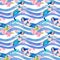 Mermaids, pink flowers in sea waves. Girly seamless pattern. Marine watercolor for childish design