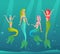 Mermaids swimming flat vector illustration. Fantasy underwater creatures. Beautiful women with fish tails smiling