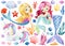 mermaids and unicorn on isolated white background. Watercolor illustration, childrens poster