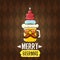 Merry beermas vector christmas greeting card with beer glass cartoon character and red santa hat isolated on brown