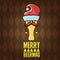 Merry beermas vector christmas greeting card with beer glass cartoon character and red santa hat isolated on brown