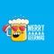 Merry beermas vector comic christmas greeting card with beer glass cartoon character and red santa hat isolated on blue
