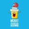 Merry beermas vector comic christmas greeting card with beer glass cartoon character and red santa hat isolated on blue