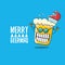 Merry beermas vector comic christmas greeting card with beer glass cartoon character and red santa hat isolated on blue