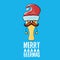 Merry beermas vector comic christmas greeting card with beer glass cartoon character and red santa hat isolated on blue