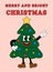 Merry and Bright Christmas Groovy Card. Christmas tree in retro cartoon style. Vector flat.