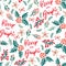 Merry and Bright lettering, misteltoes, leaves, bows, and christmas flowers. White background. Seamless vector pattern.