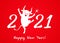 A merry bull with a sparkler dancing with the numbers 2021. Holiday card or congratulation on Chinese New Year