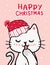 Merry catmas, Christmas greeting card, Cute naughty cat with santa red hat, snowfalling in deep blue background, outline doodle