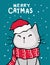 Merry catmas, Christmas greeting card, Cute naughty cat with santa red hat, snowfalling in deep blue background, outline doodle