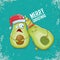 Merry chirstmas vector funky greeting card with with santa claus avocado character and his elf friend on azure