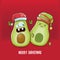 Merry chirstmas vector funky greeting card with with santa claus avocado character and his elf friend on red background