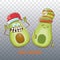 Merry chirstmas vector funky greeting card with with santa claus avocado character and his elf friend on transparent