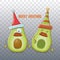 Merry chirstmas vector funky greeting card with with santa claus avocado character and his elf friend on transparent