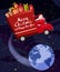 Merry Chrismas Santa Claus Van flies through the night sky above the Earth delivering gifts. Flat cartoon style vector