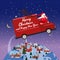 Merry Chrismas Santa Claus Van flies through the night sky above the Earth winter town delivering gifts. Flat cartoon
