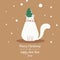 Merry Chrismast and Happy New Year! Winter holiday vector illustration: cute cat wearing a Christmas tree hat. Images for