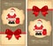 Merry Christamas and Happy New Year flyer with cute red bow and Santa Claus