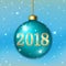 Merry Christmas 2017 decoration on blue background. 3d ball. Stars, glitter, number, green bauble, white snowflakes