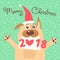 Merry Christmas 2018 card with dog. Funny puppy congratulates on holiday.