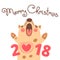 Merry Christmas 2018 card with dog. Funny puppy congratulates on holiday.