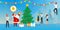 Merry Christmas and 2020 Happy New Year eve greeting card, Santa claus and group of business people decorate  Christmas tree