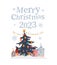 Merry Christmas 2023 design with xmas holiday fir tree decorated on cozy winter city street.