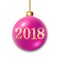 Merry Christmas 3D bauble, decoration with gold 2018 number. Pink ball, isolated on white background. Bright golden